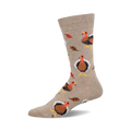 Tan crew socks with a pattern of cartoon turkeys and leaves.  A fun and festive Thanksgiving design.