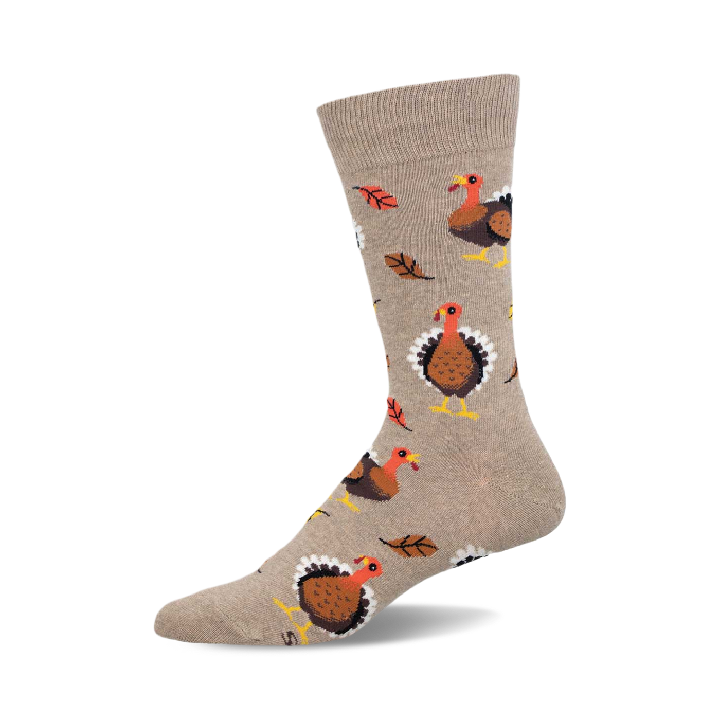 Tan crew socks with a pattern of cartoon turkeys and leaves.  A fun and festive Thanksgiving design.