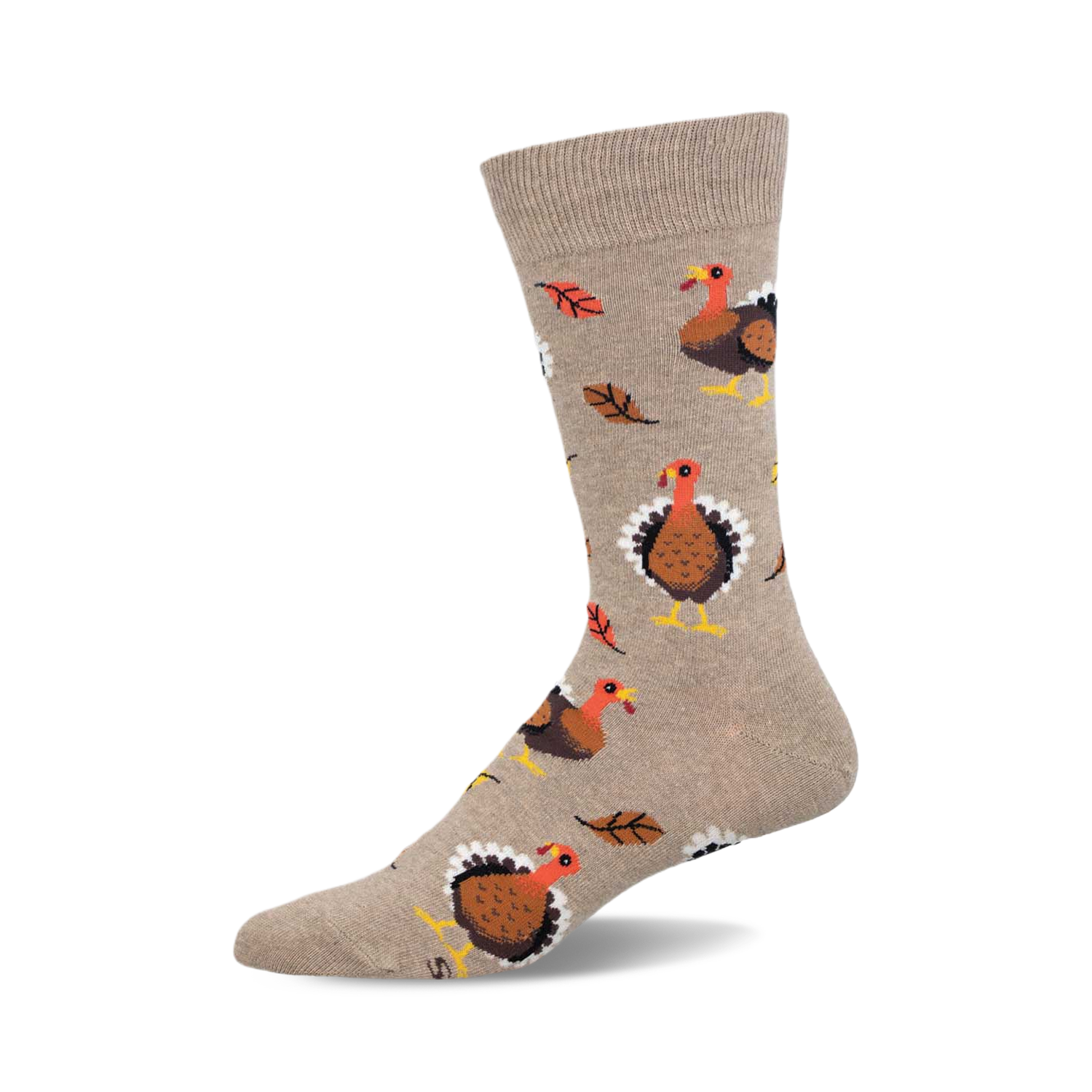 Tan crew socks with a pattern of cartoon turkeys and leaves.  A fun and festive Thanksgiving design.