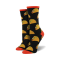 Pair of crew socks with a repeating taco pattern.  Black socks with orange cuffs feature yellow and brown tacos. 