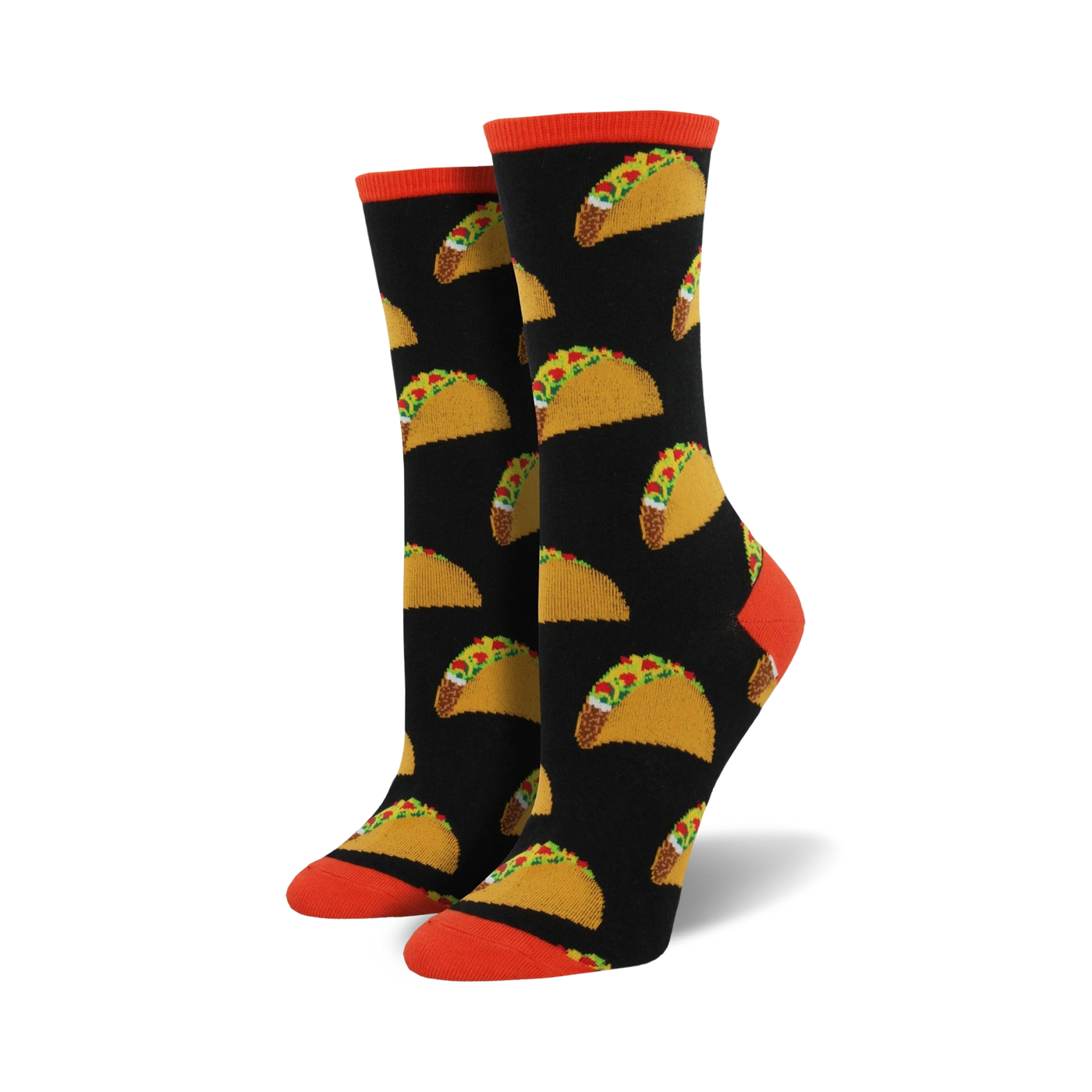 Pair of crew socks with a repeating taco pattern.  Black socks with orange cuffs feature yellow and brown tacos. 