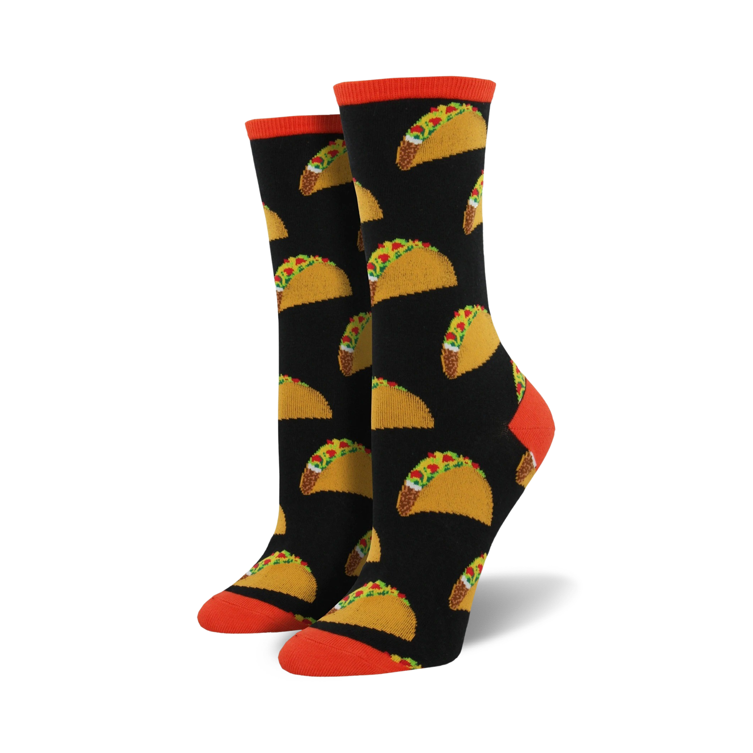 Pair of crew socks with a repeating taco pattern.  Black socks with orange cuffs feature yellow and brown tacos. 