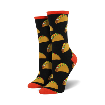 crew socks for women featuring a playful allover pattern of cartoon tacos.   