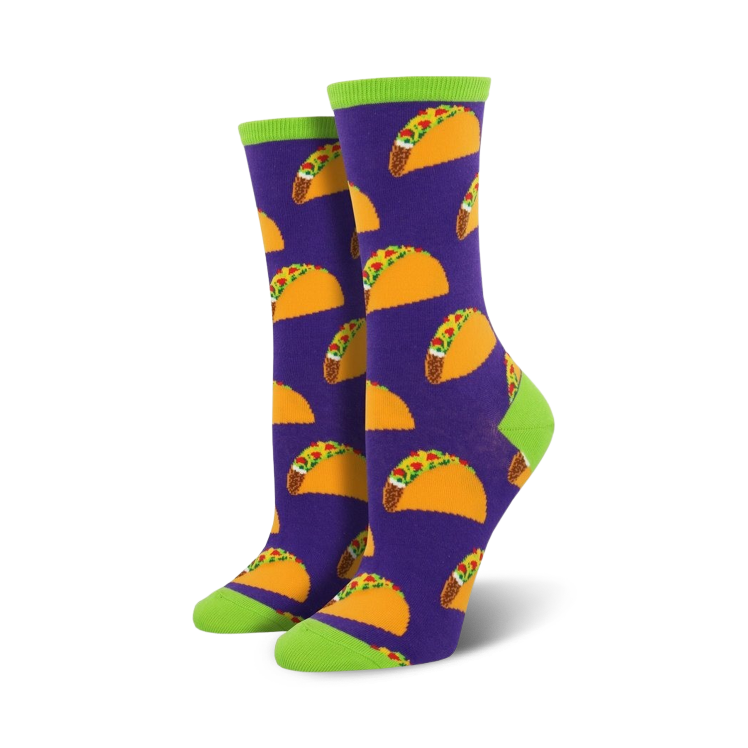 Lifestyle shot of model wearing purple crew socks with a taco pattern and lime green cuffs.