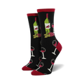 A pair of black crew socks with a fun wine-themed design.  Red wine glasses, bottles, and grapes are featured on the socks, which have red heels and toes.
