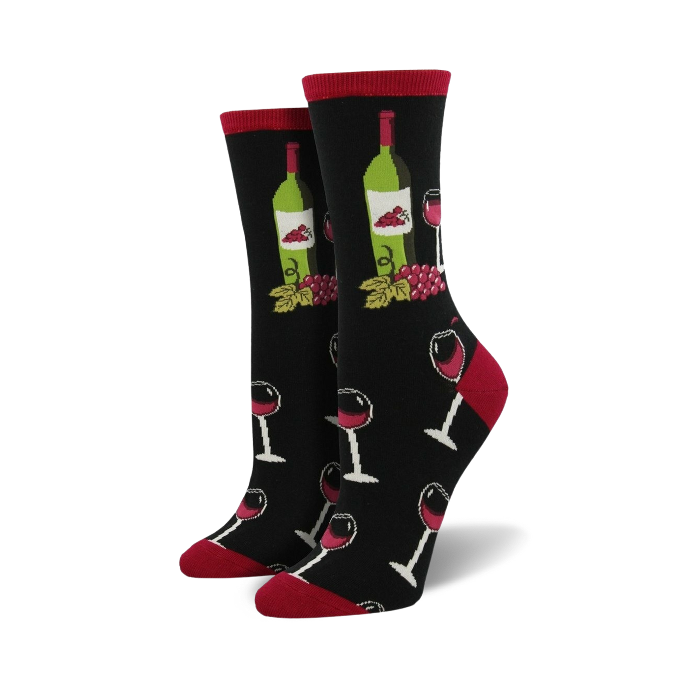 A pair of black crew socks with a fun wine-themed design.  Red wine glasses, bottles, and grapes are featured on the socks, which have red heels and toes.