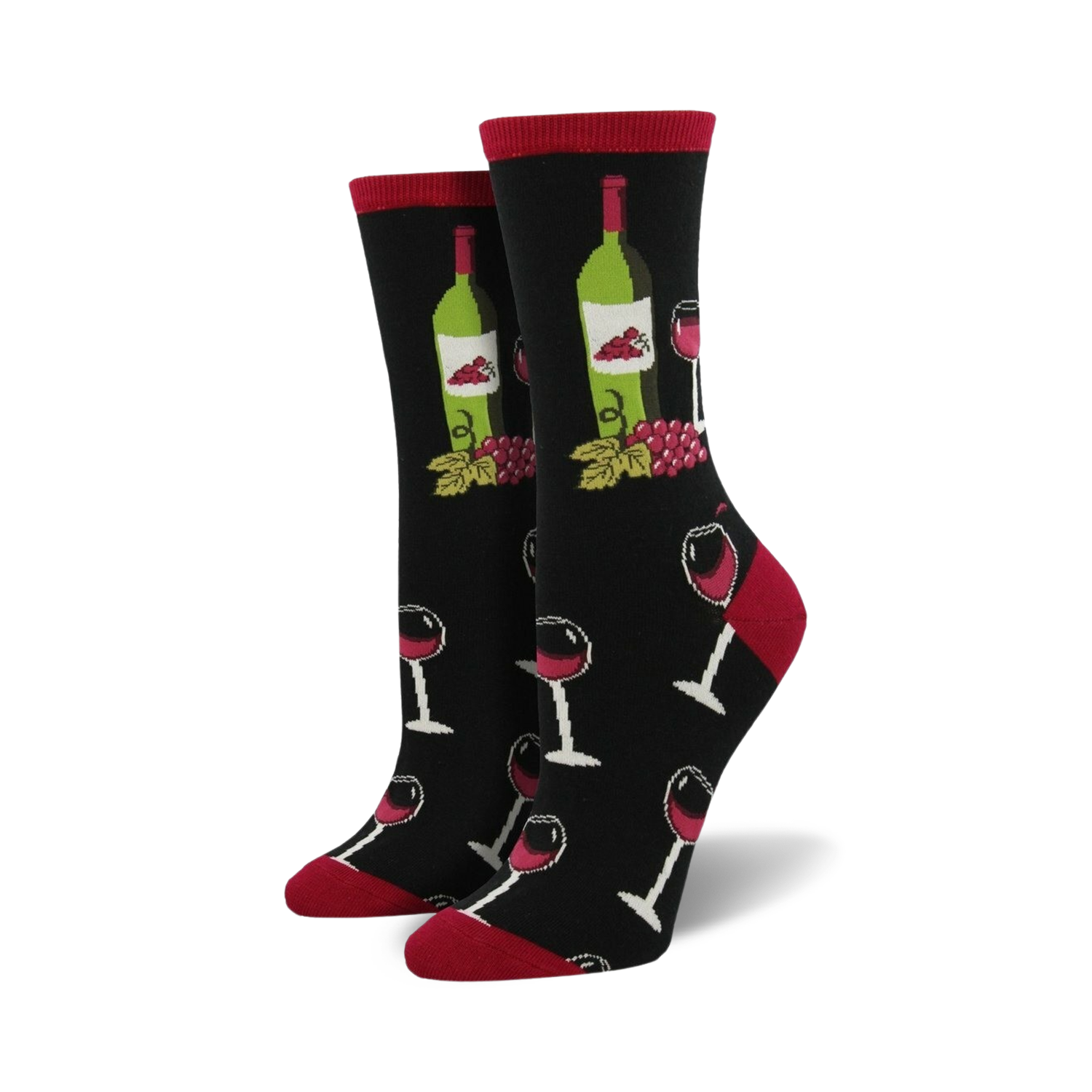 A pair of black crew socks with a fun wine-themed design.  Red wine glasses, bottles, and grapes are featured on the socks, which have red heels and toes.