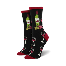 crew length socks with red wine and wine bottles pattern on black fabric for women. 