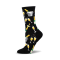 Black crew socks with a fun design of champagne bottles, glasses, and ice buckets in gold and green.