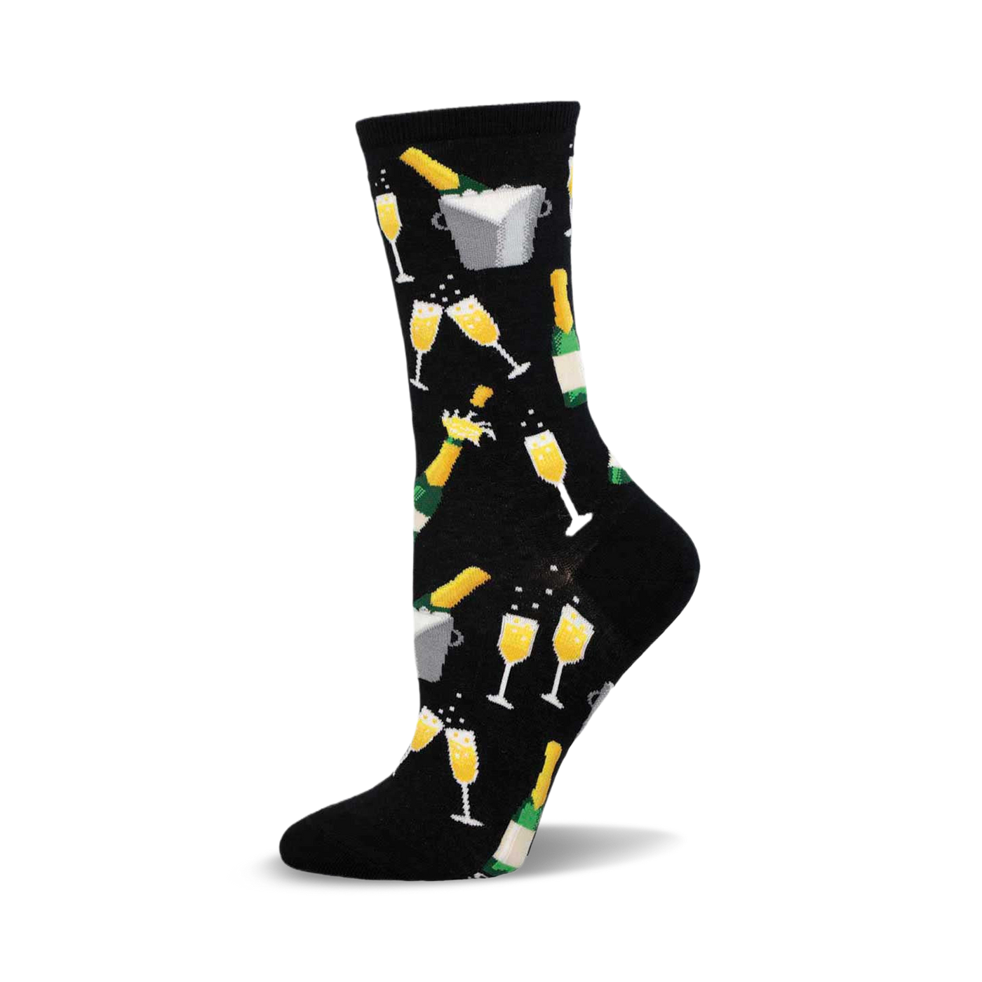 Black crew socks with a fun design of champagne bottles, glasses, and ice buckets in gold and green.