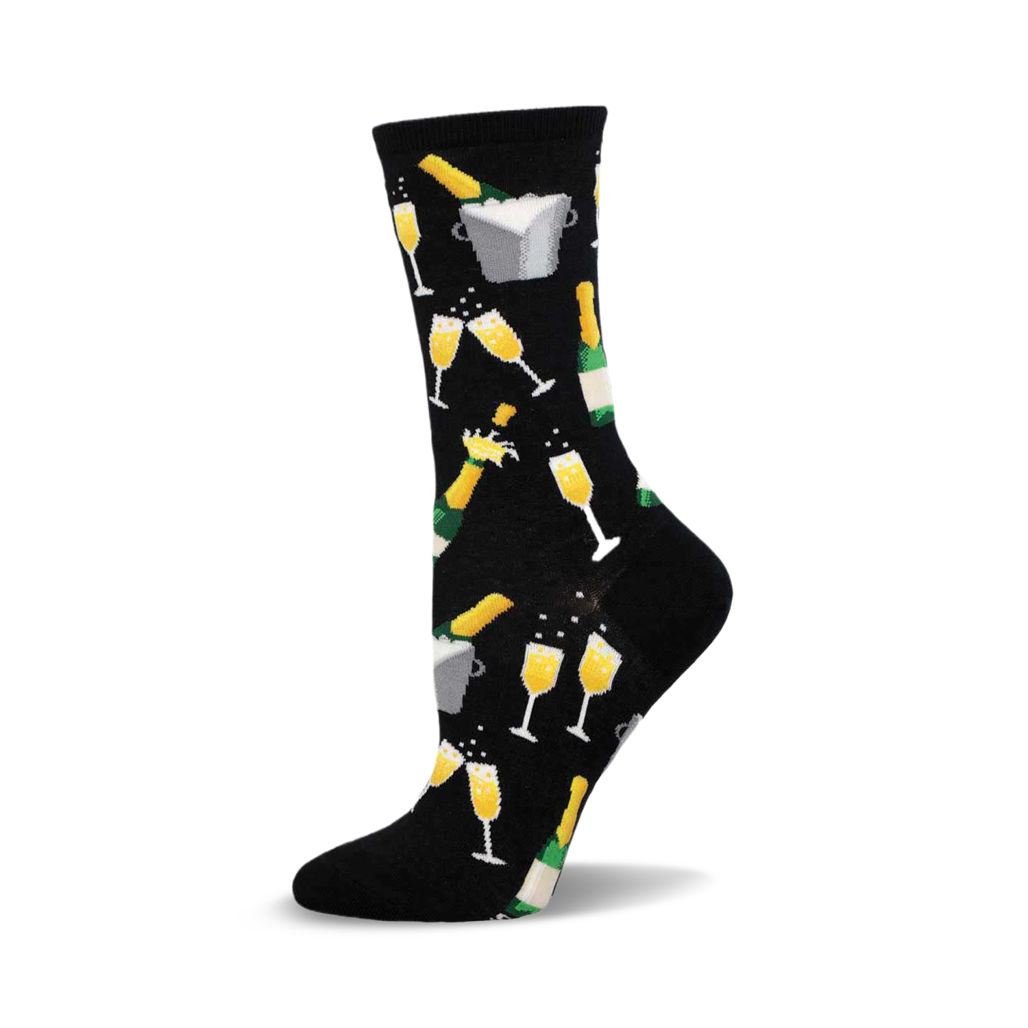 Black crew socks with a fun design of champagne bottles, glasses, and ice buckets in gold and green.