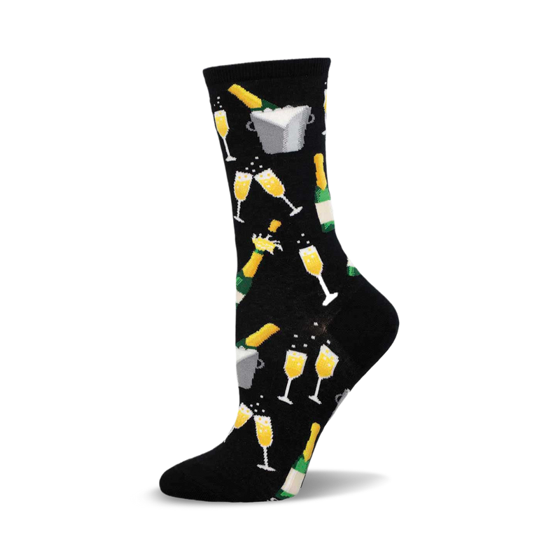 Black crew socks with a fun design of champagne bottles, glasses, and ice buckets in gold and green.