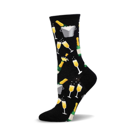 a black sock with a pattern of champagne bottles, glasses, and ice buckets.