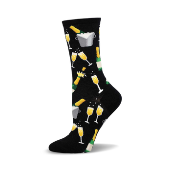 a black sock with a pattern of champagne bottles, glasses, and ice buckets.