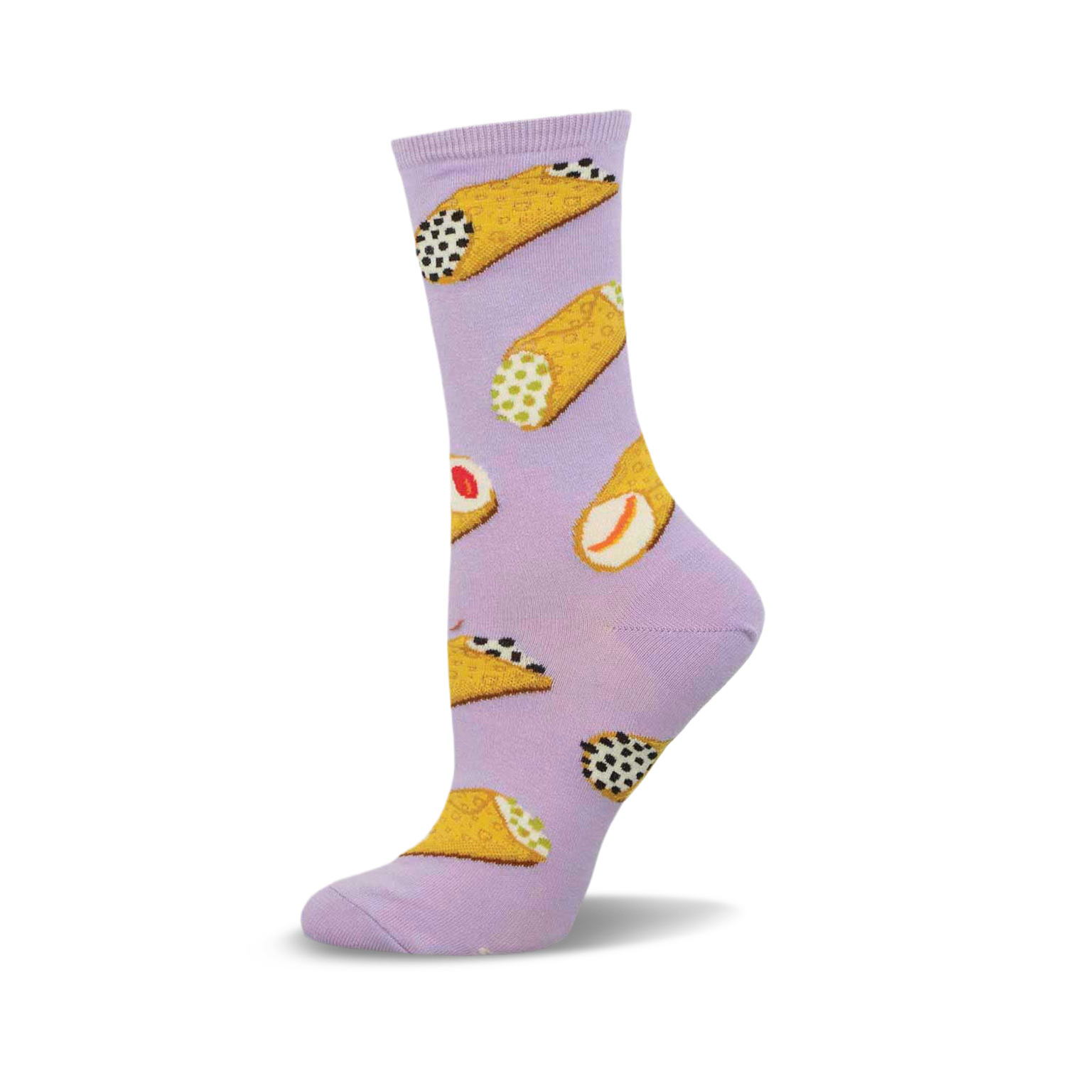 Lavender crew socks with illustrated cannoli in various fillings.  A fun and sweet treat for your feet!