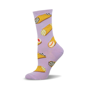 a pair of lavender socks with a pattern of cannoli.  the cannoli are filled with ricotta cheese and topped with chocolate chips.