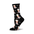 Crew socks in black with a repeating pattern of orange tabby cats wearing chef hats and baking muffins.  The words 'Purr' are also printed on the socks.