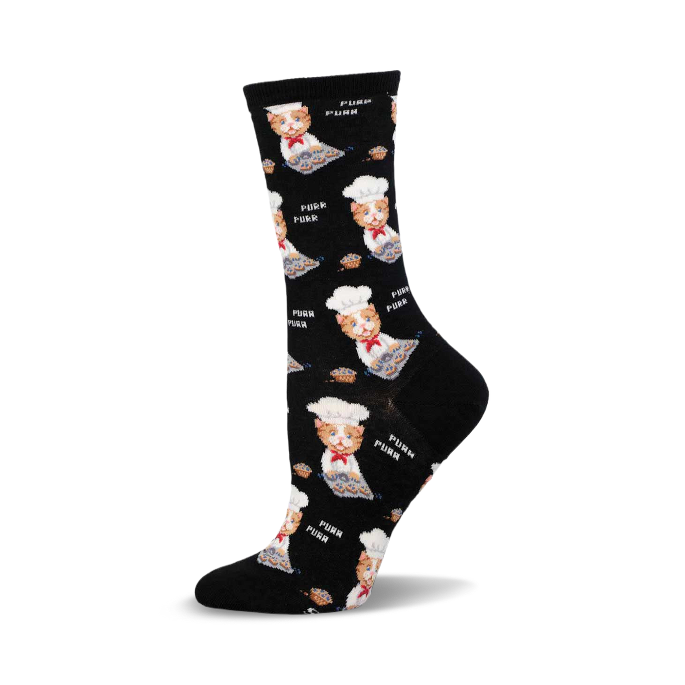 Crew socks in black with a repeating pattern of orange tabby cats wearing chef hats and baking muffins.  The words 'Purr' are also printed on the socks.