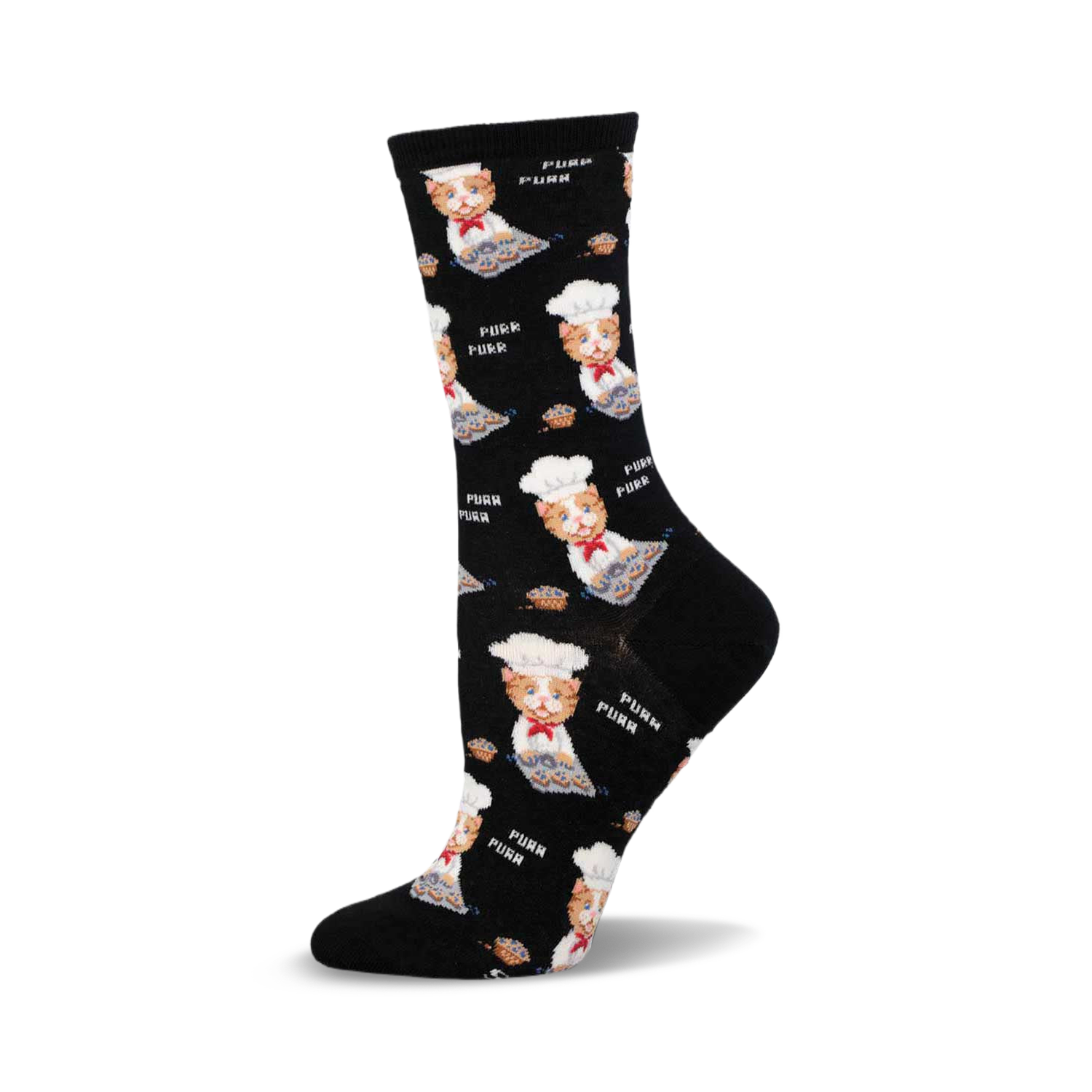 Crew socks in black with a repeating pattern of orange tabby cats wearing chef hats and baking muffins.  The words 'Purr' are also printed on the socks.
