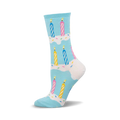 A side view of a pastel blue crew sock with a repeating pattern of colorful birthday candles and sprinkles.