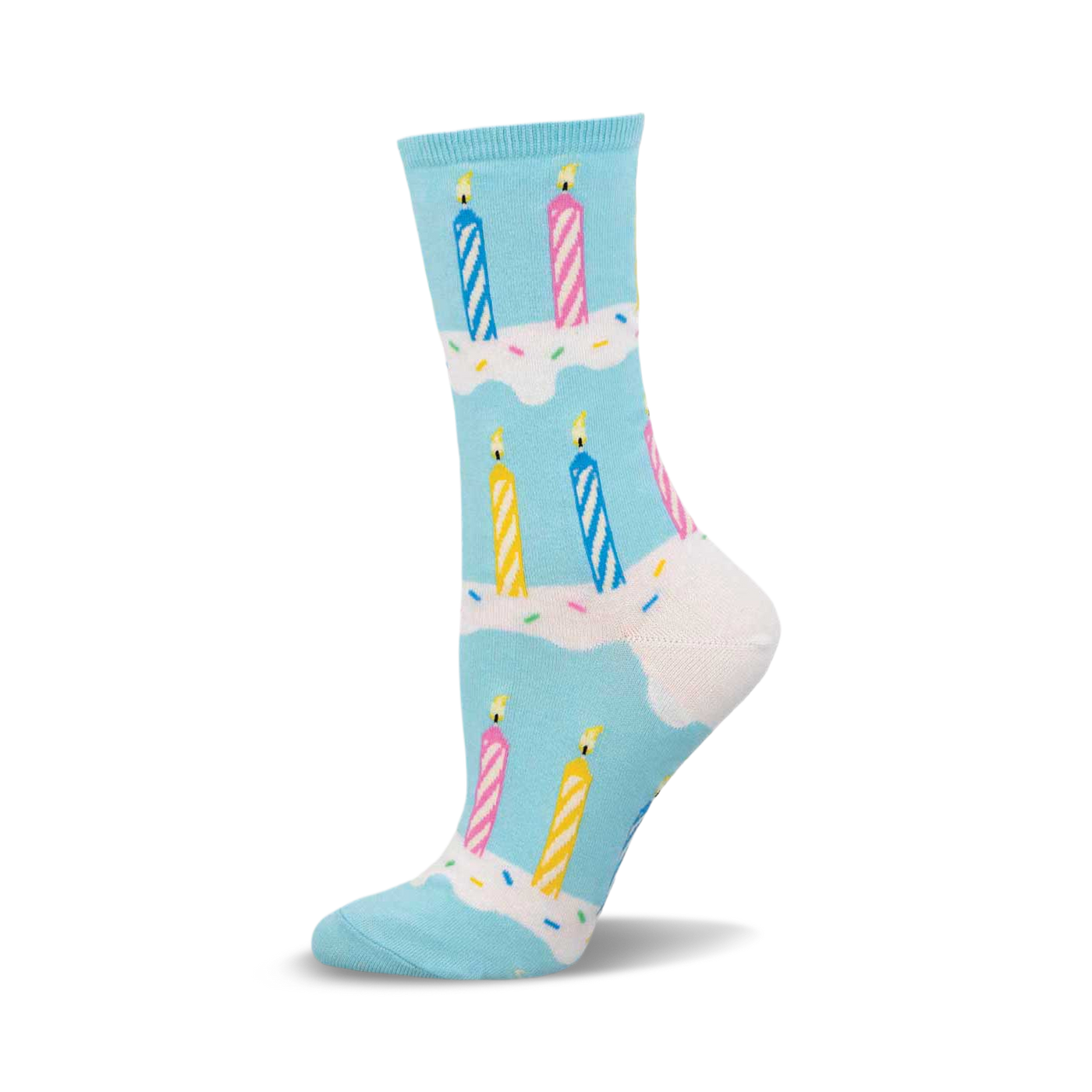 A side view of a pastel blue crew sock with a repeating pattern of colorful birthday candles and sprinkles.