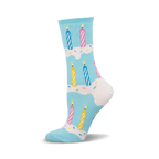 A side view of a pastel blue crew sock with a repeating pattern of colorful birthday candles and sprinkles.