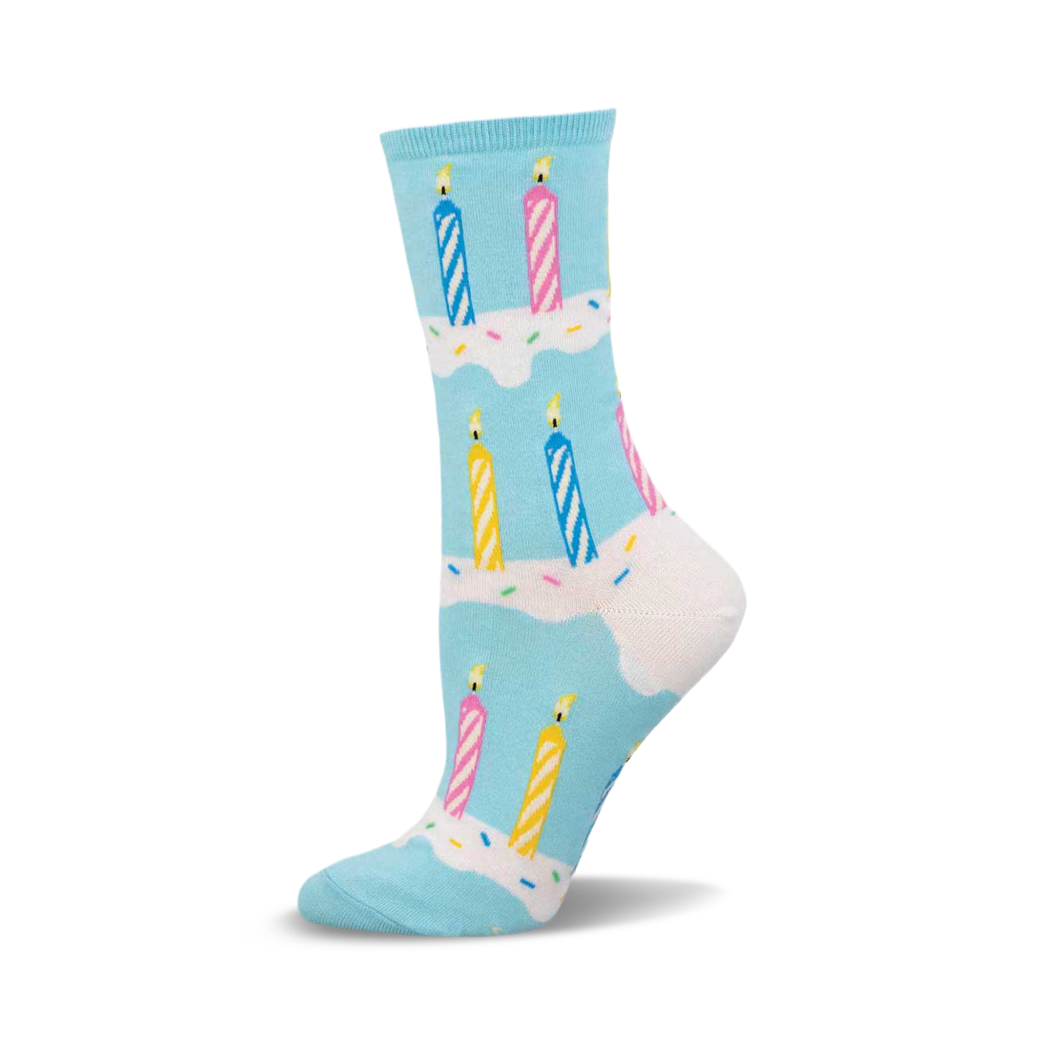 A side view of a pastel blue crew sock with a repeating pattern of colorful birthday candles and sprinkles.