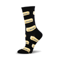 A black crew sock with a repeated pattern of yellow butter sticks and blue text that says '4oz. BUTTER AA'.