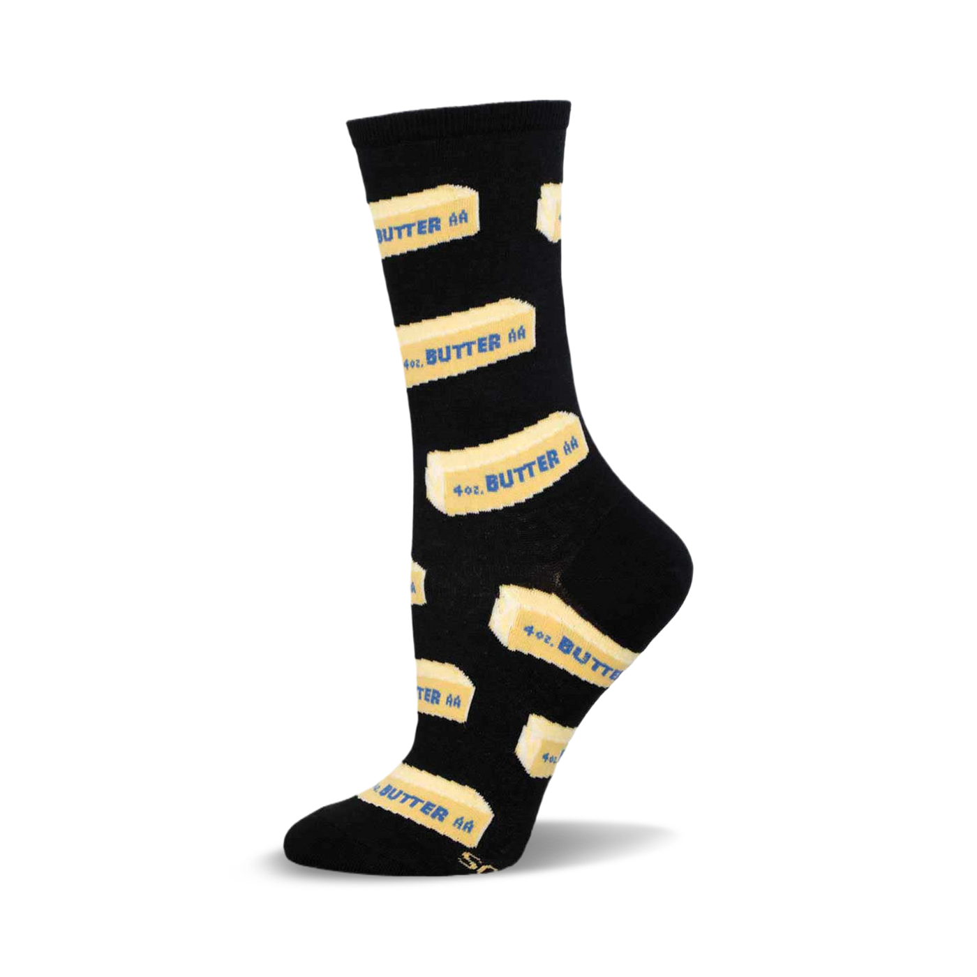 A black crew sock with a repeated pattern of yellow butter sticks and blue text that says '4oz. BUTTER AA'.