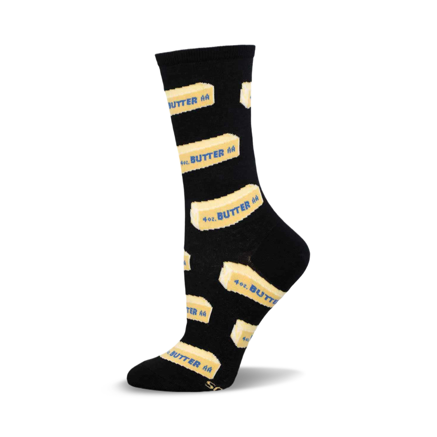 A black crew sock with a repeated pattern of yellow butter sticks and blue text that says '4oz. BUTTER AA'.