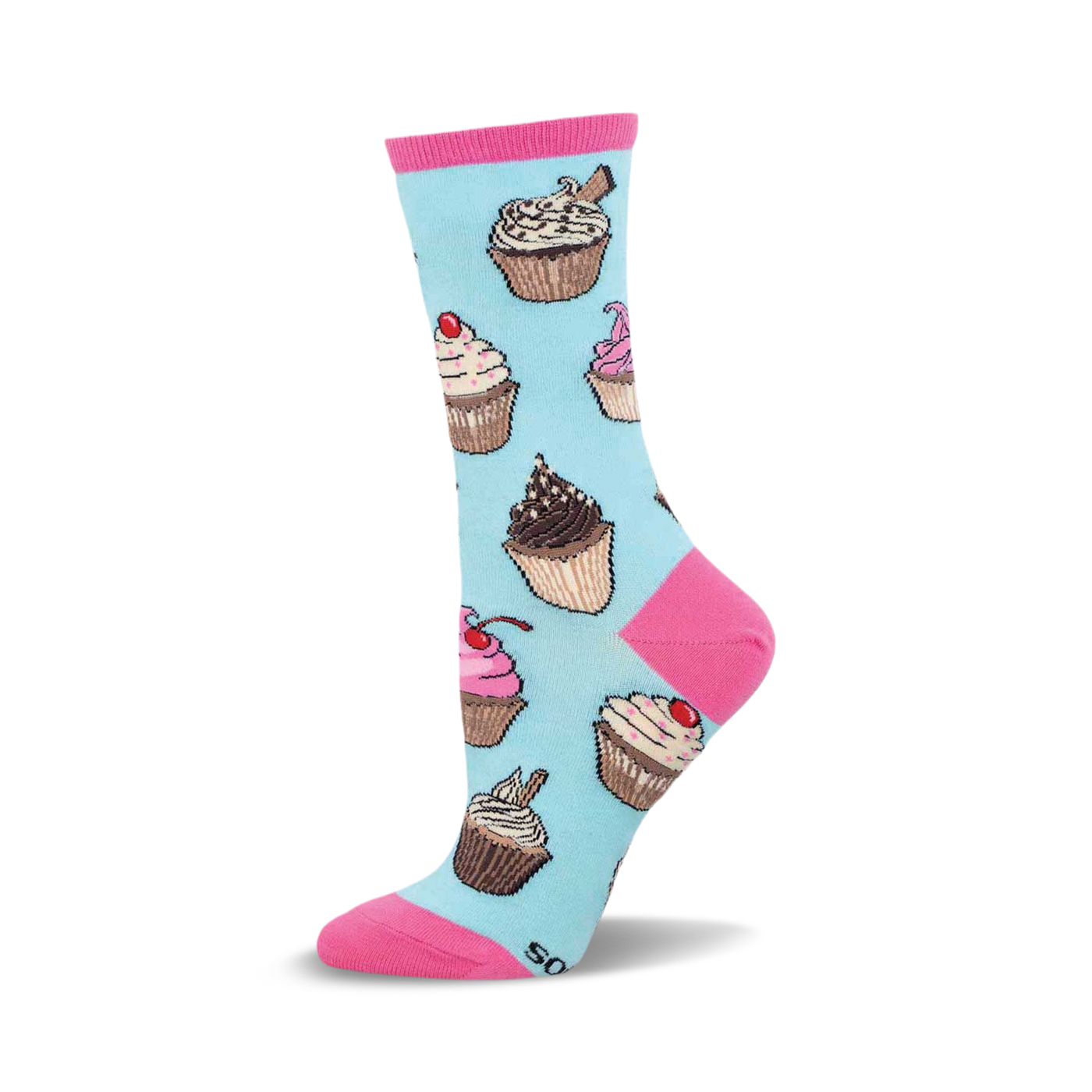Crew socks in pastel blue with colorful cupcake designs. Pink accents at the top and toe.