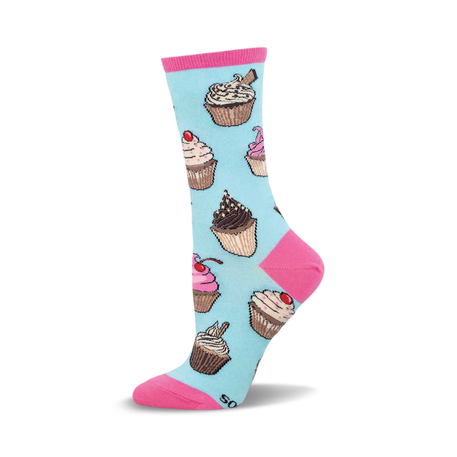 Crew socks in pastel blue with colorful cupcake designs. Pink accents at the top and toe.