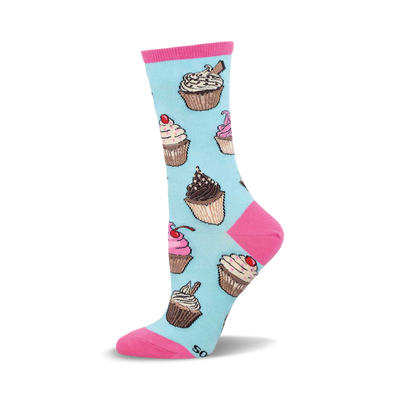 Single crew sock with light blue background, pink cuff, heel, and toe, featuring a pattern of various colorful cupcakes.