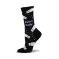 Black crew socks with a pattern of light blue salt shakers and the text 'Extra Salty'.