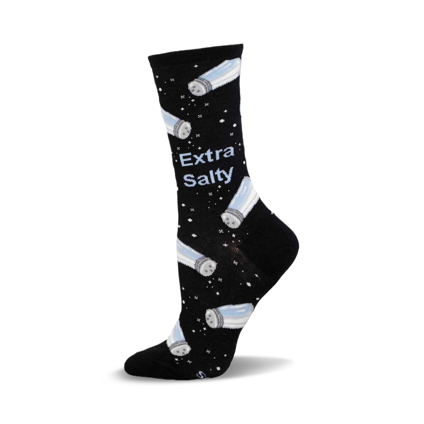 Black crew socks with a pattern of light blue salt shakers and the text 'Extra Salty'.