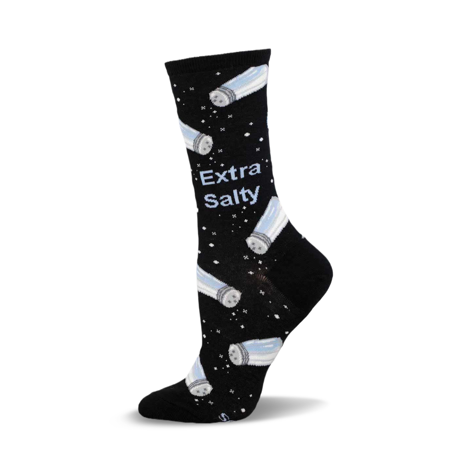 Black crew socks with a pattern of light blue salt shakers and the text 'Extra Salty'.