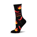 Black crew socks with red chili peppers and orange flames.  The text 'Extra Spicy' is featured on the socks.