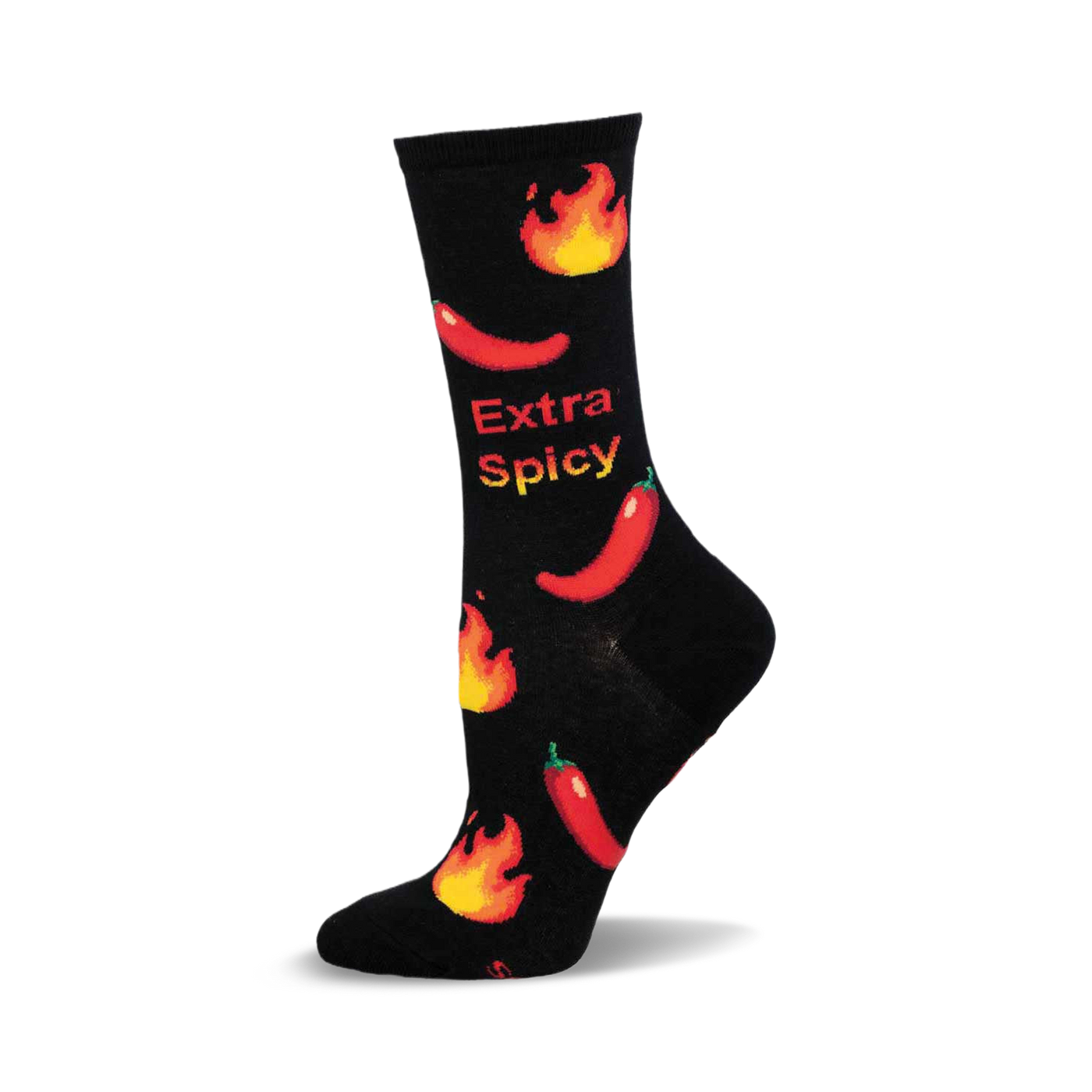 Black crew socks with red chili peppers and orange flames.  The text 'Extra Spicy' is featured on the socks.