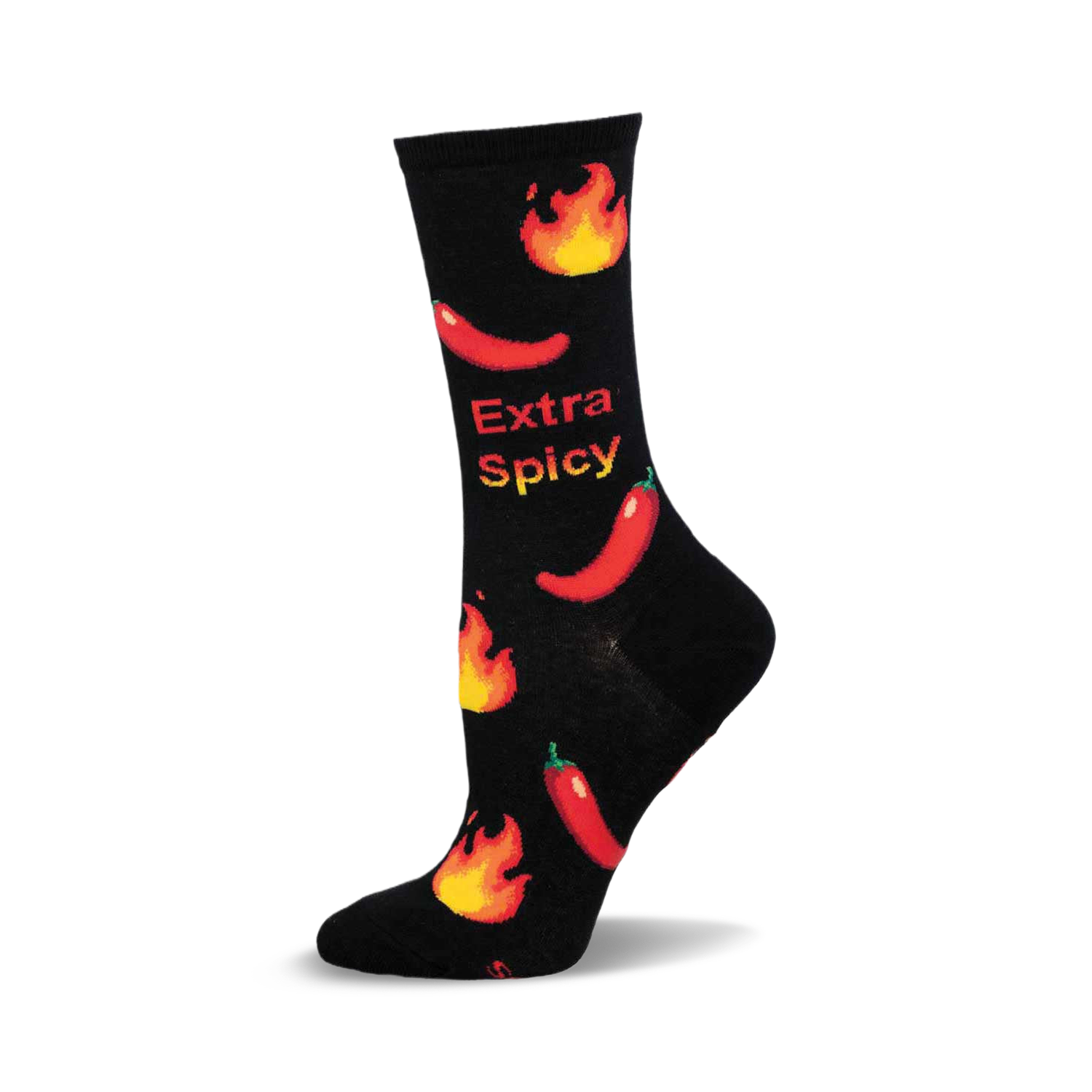 Black crew socks with red chili peppers and orange flames.  The text 'Extra Spicy' is featured on the socks.