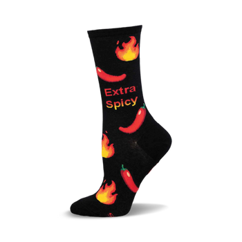 a black sock with red chili peppers and flames printed on it. the words "extra spicy" are written in red letters on the sock.