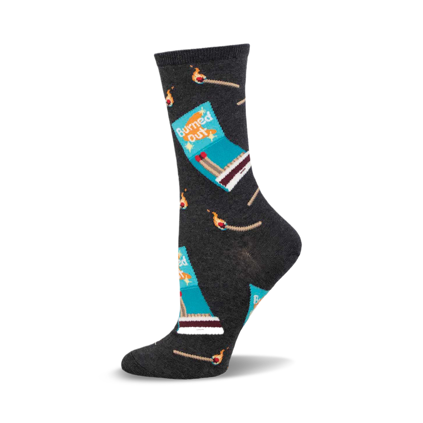 Charcoal grey crew socks with a teal matchbox and burnt match design. The words 'Burned Out' are on the matchbox.