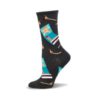 Charcoal grey crew socks with a teal matchbox and burnt match design. The words 'Burned Out' are on the matchbox.