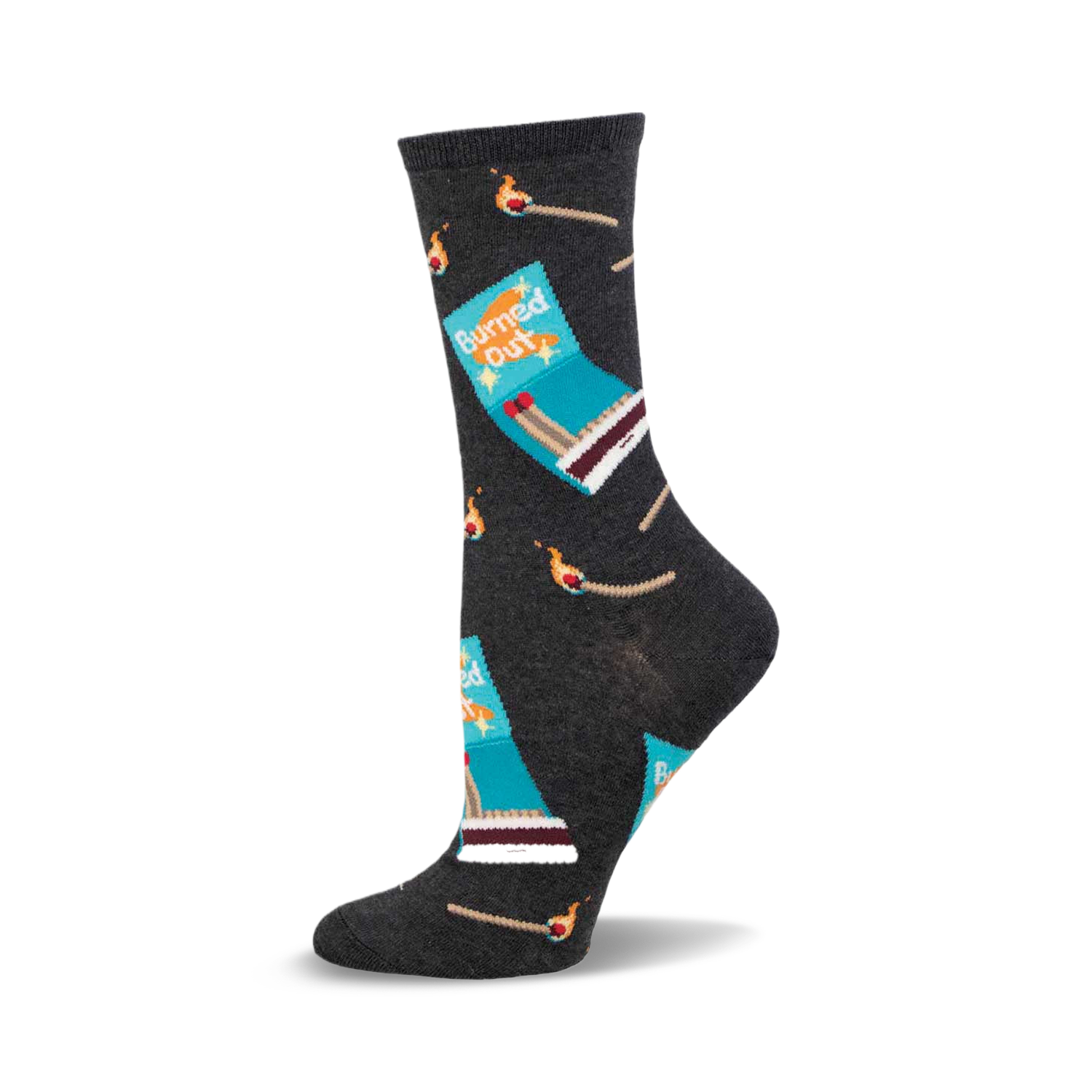 Charcoal grey crew socks with a teal matchbox and burnt match design. The words 'Burned Out' are on the matchbox.