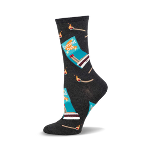 Charcoal grey crew socks with a teal matchbox and burnt match design. The words 'Burned Out' are on the matchbox.