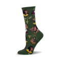 Crew socks in deep green featuring a pattern of Egyptian deities, including pharaohs, gods, and goddesses in gold, purple, and black.