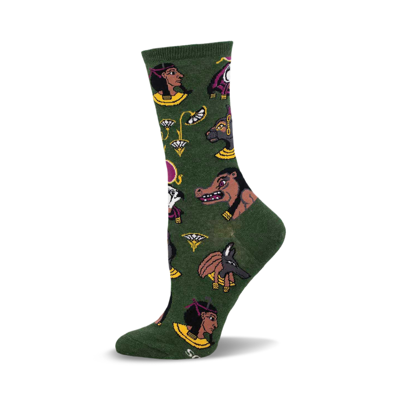 Crew socks in deep green featuring a pattern of Egyptian deities, including pharaohs, gods, and goddesses in gold, purple, and black.