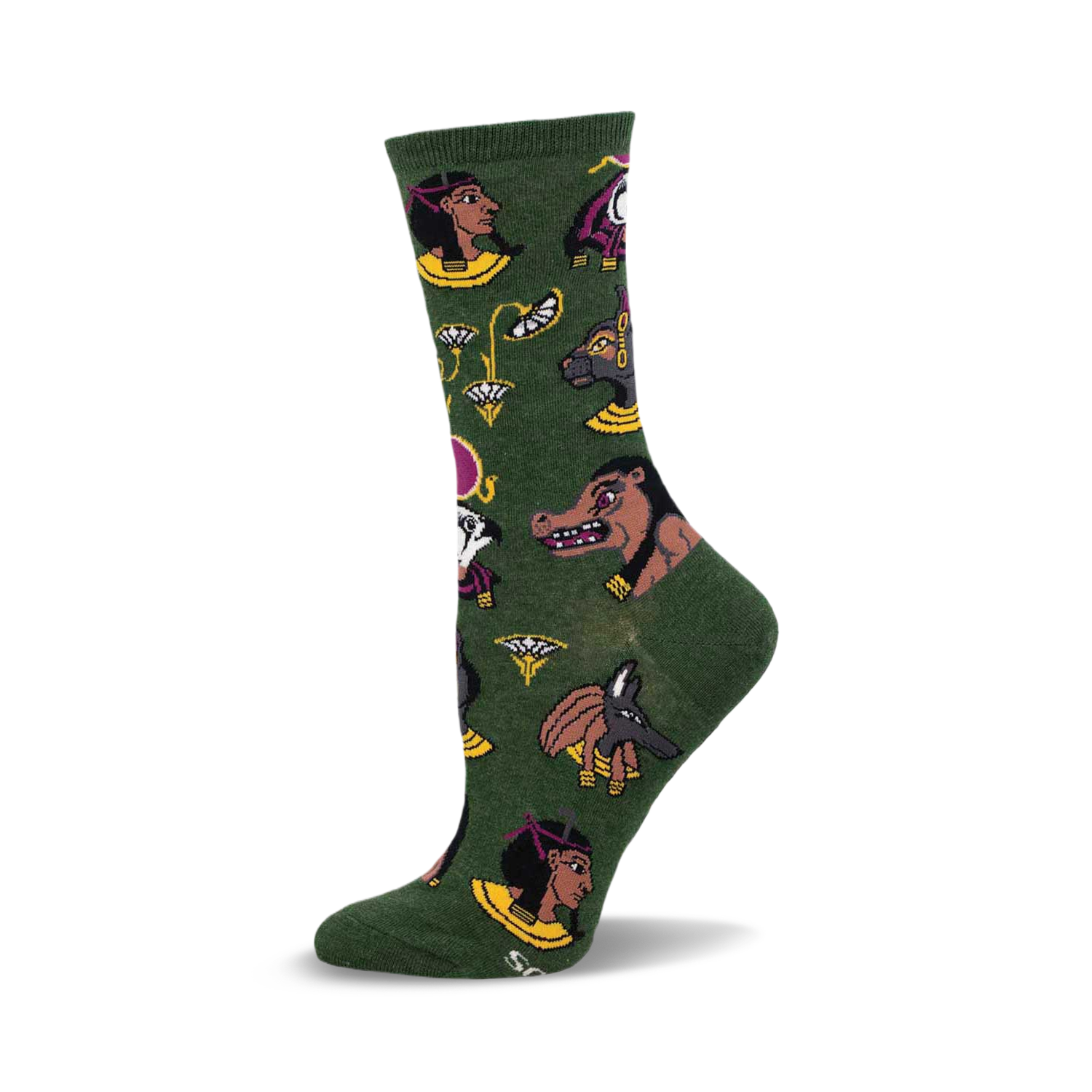 Crew socks in deep green featuring a pattern of Egyptian deities, including pharaohs, gods, and goddesses in gold, purple, and black.