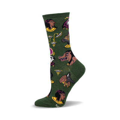 a green sock with a pattern of egyptian icons.