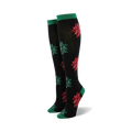 Pair of women's knee-high socks. Black with red and green Christmas bows. Green cuffs.