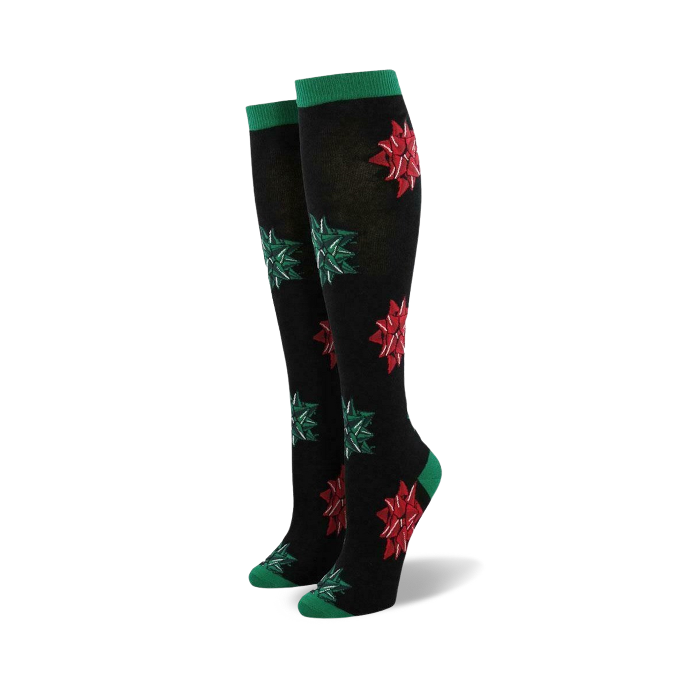 Pair of women's knee-high socks. Black with red and green Christmas bows. Green cuffs.
